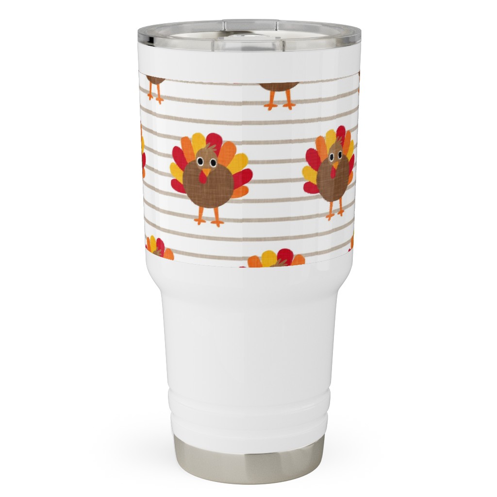 Cute Thanksgiving Turkey - on Khaki Stripes Travel Tumbler, 30oz, Orange