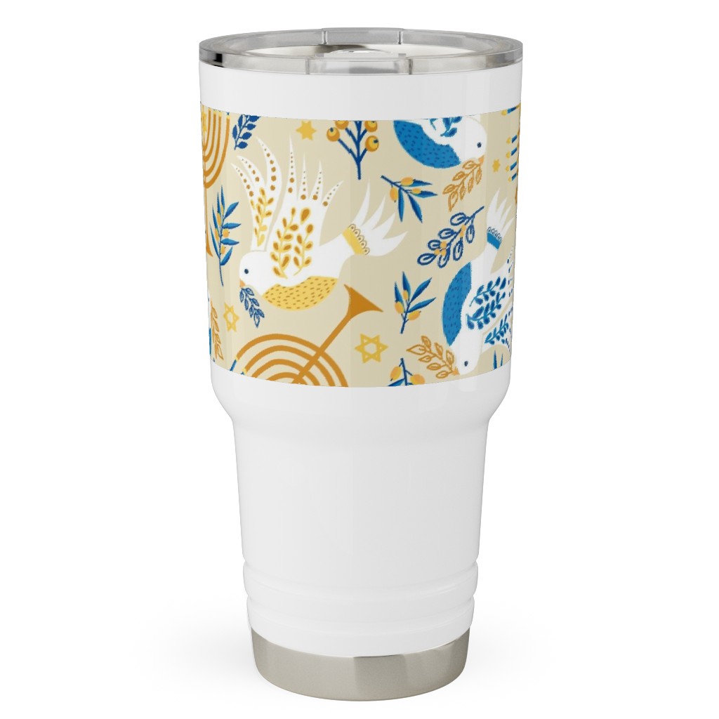 Hanukkah Birds Menorahs - Yellow Travel Tumbler, 30oz, Yellow