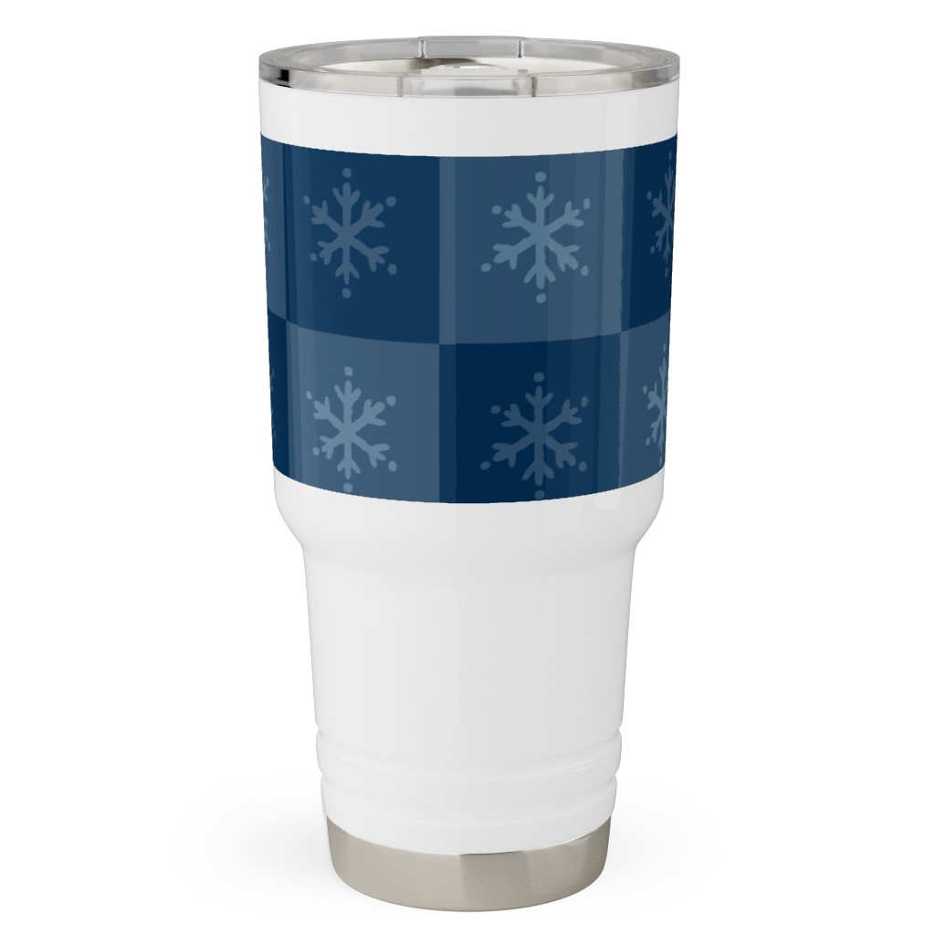 Scandi Cozy Winter Checkered Blue Snowflake Travel Tumbler, 30oz, Blue, True Blue