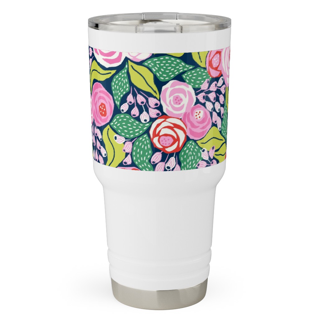 Colourful Papercut Roses - Pink on Dark Blue Travel Tumbler, 30oz, Pink