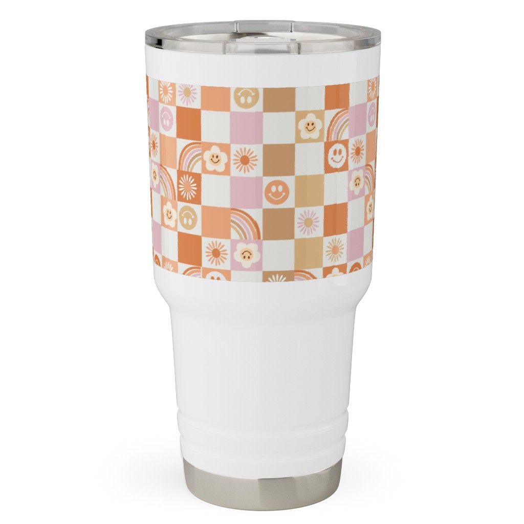 Retro Checkerboard - Daisy, Smile, Happy - Pink Orange Travel Tumbler, 30oz, Orange, Orange