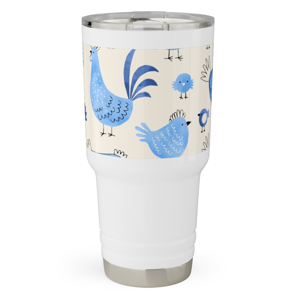 Chicken and Rooster - Watercolor - Blue on Creme Travel Tumbler, 30oz, Blue