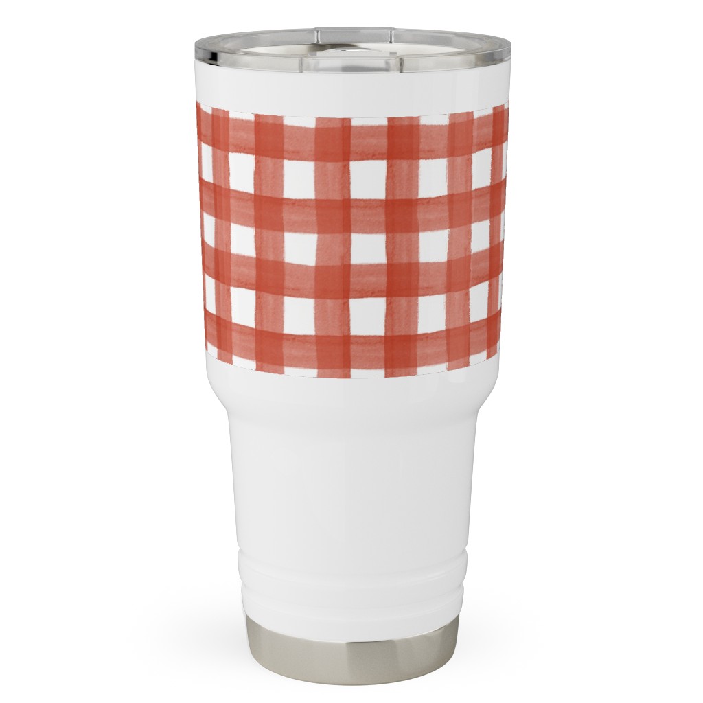 Red Watercolor Gingham Travel Tumbler, 30oz, Red, Red
