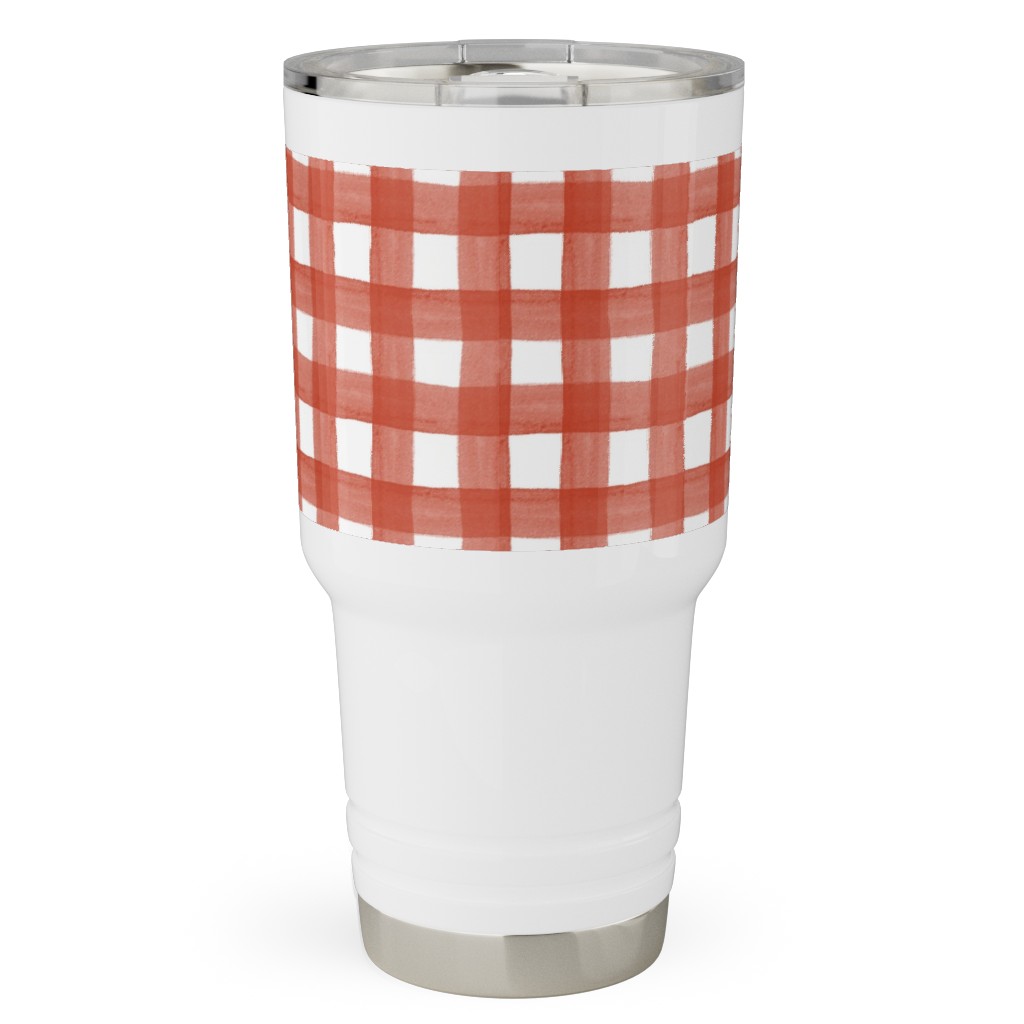 Red Watercolor Gingham Travel Tumbler, 30oz, Red