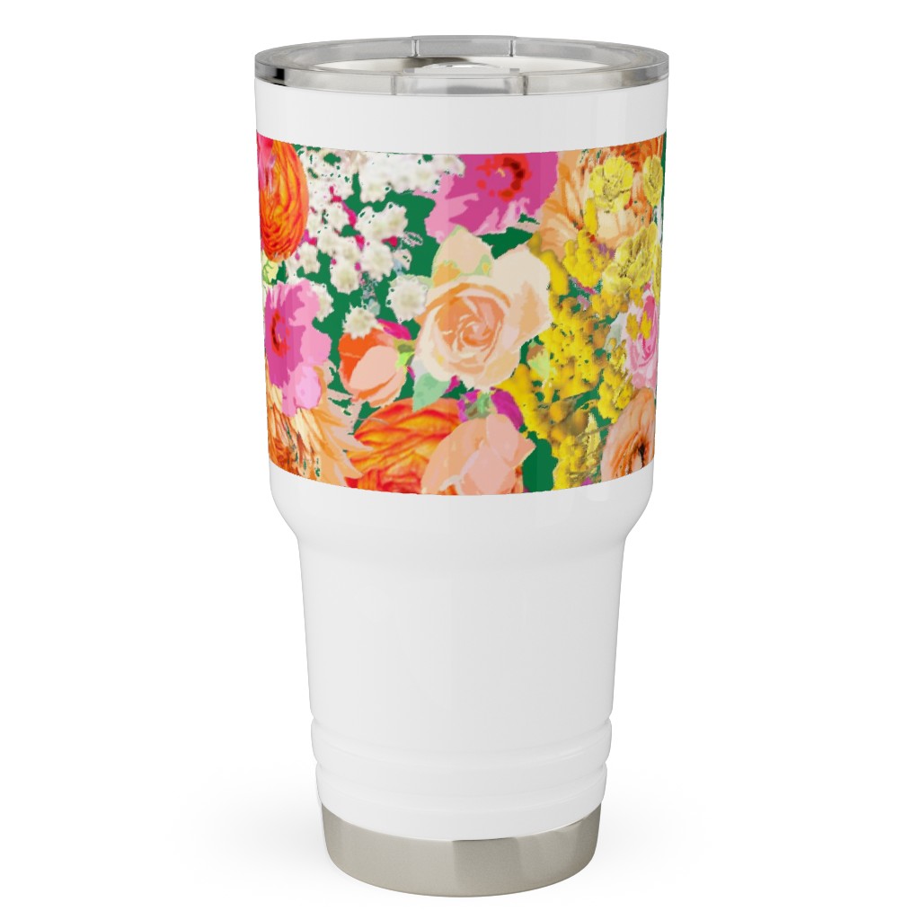 Summer Bright Floral - Kelly Green Travel Tumbler, 30oz, Pink