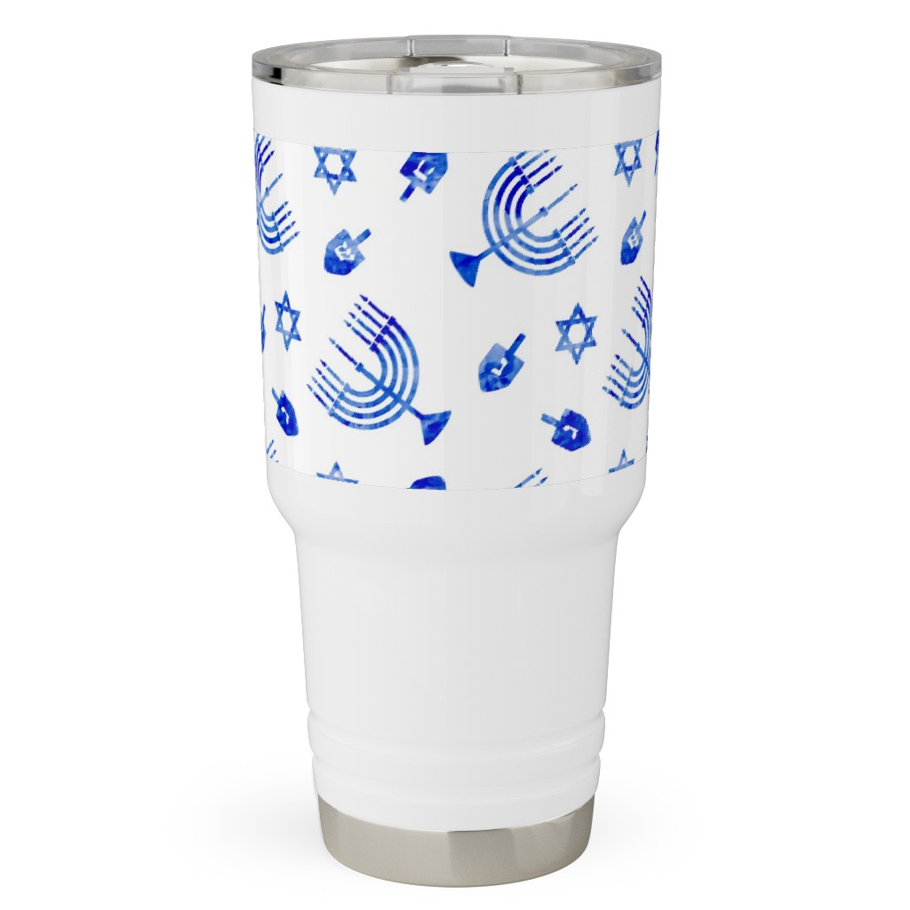 Hanukkah Watercolor Menorah, Dreidel, Star of David - Blue Travel Tumbler, 30oz, Blue, True Blue