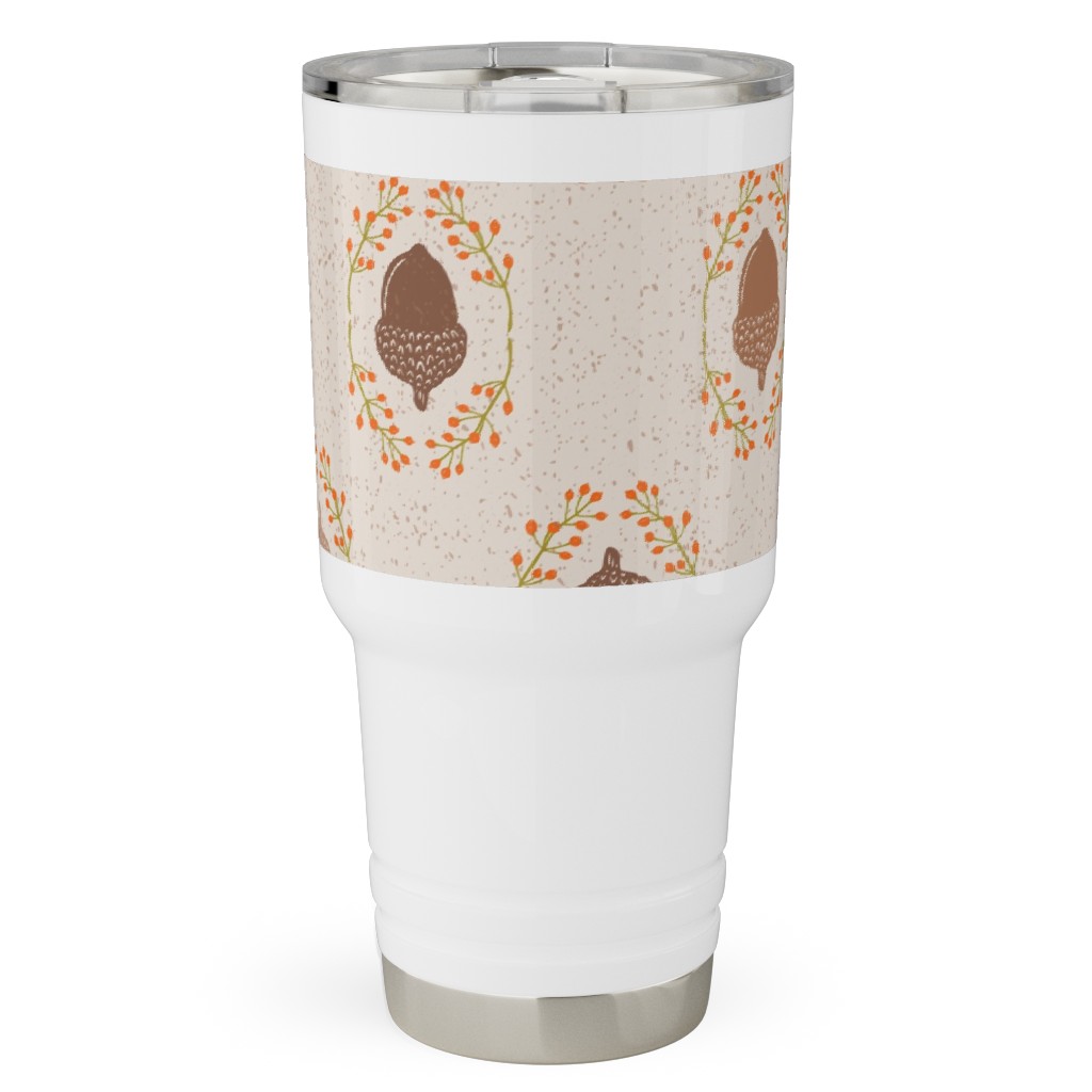 Autumn Acorn Rosehip Textured Damask Travel Tumbler, 30oz, Beige