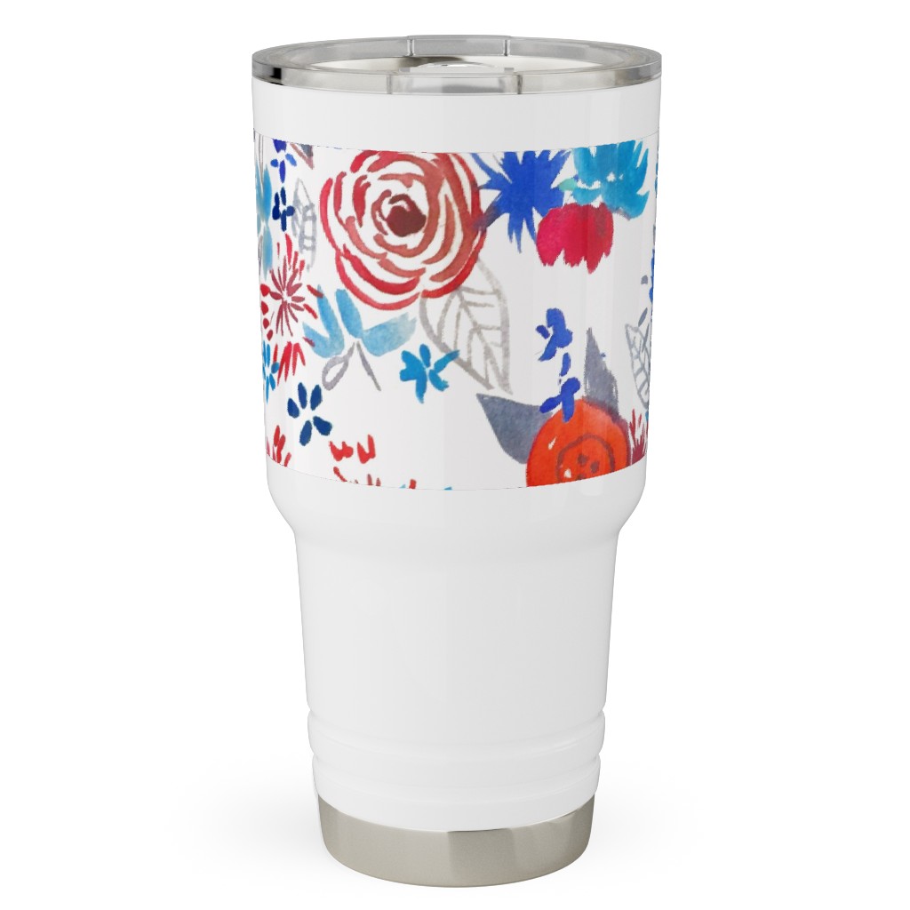 Patriotic Watercolor Floral - Red White and Blue Travel Tumbler, 30oz, Multicolor