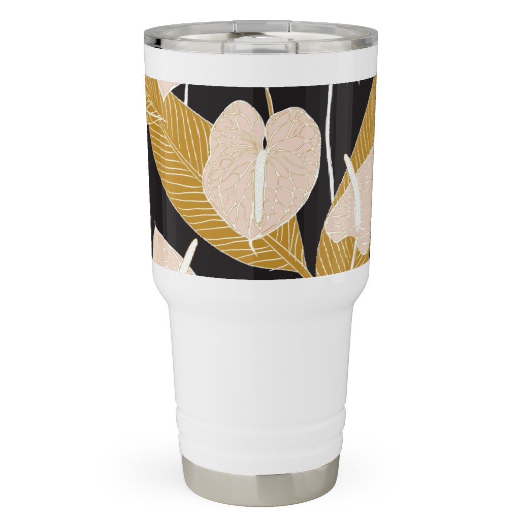 Art Nouveau Anthuriums - Black Mustard and Pale Peach Travel Tumbler, 30oz, Multicolor