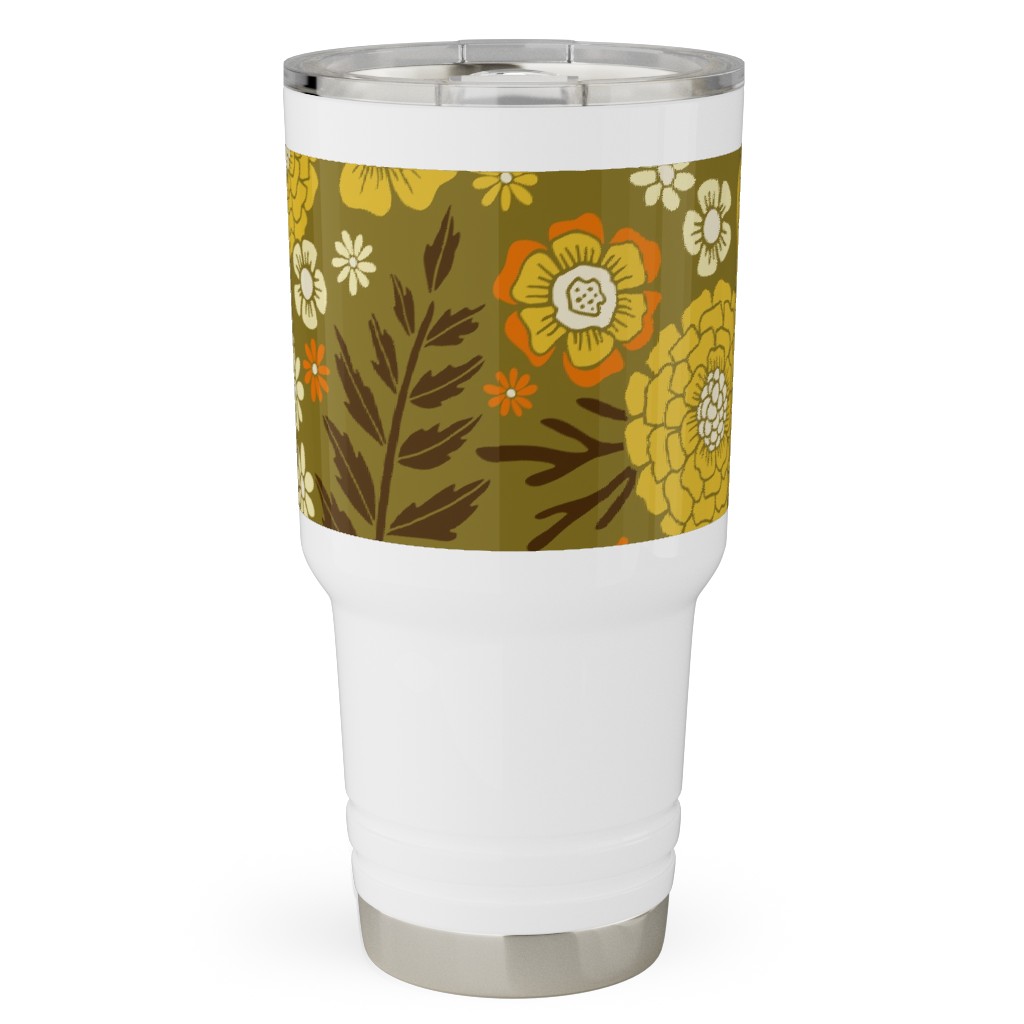 1970s Retro/Vintage Floral - Yellow and Brown Travel Tumbler, 30oz, Yellow