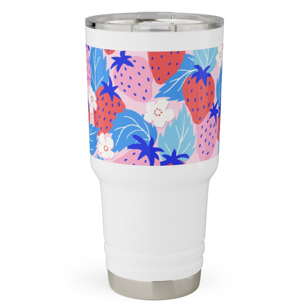 Papercut Strawberries - Blue and Pink Travel Tumbler, 30oz, Multicolor