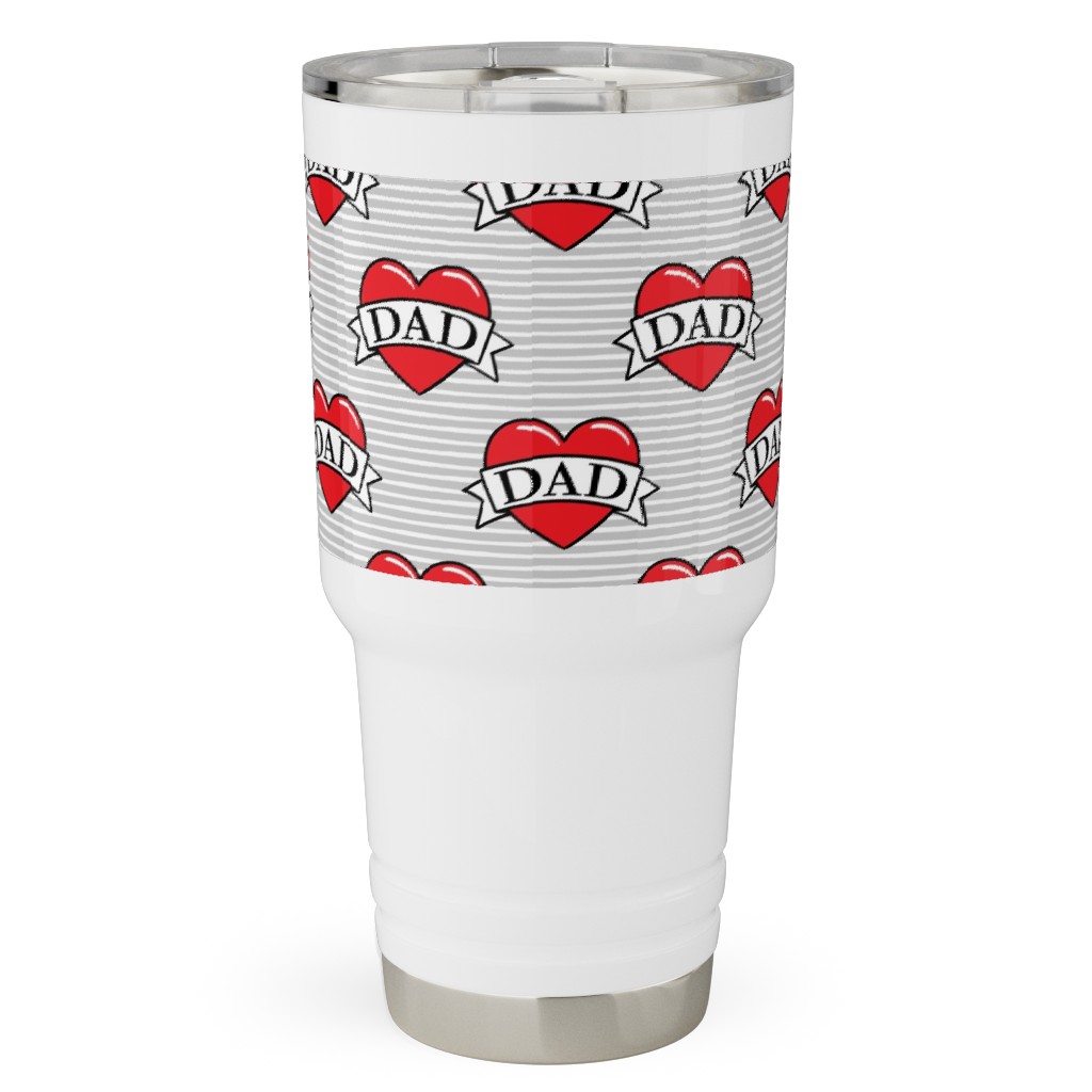 Dad Heart Tattoo - Red on Grey Stripes Travel Tumbler, 30oz, Red