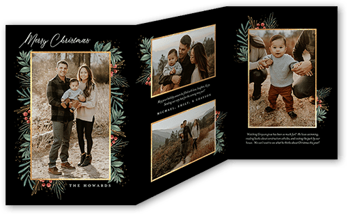 Framed in Sprigs Holiday Card, Black, Trifold, Christmas, Pearl Shimmer Cardstock