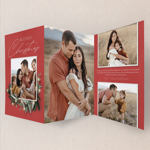 Serene Charm Holiday Card, Red, Trifold, Religious, Pearl Shimmer Cardstock, Garnet