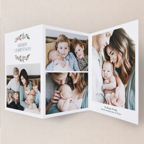 Holly Sprig Grid Holiday Card, White, Trifold, Christmas, Matte, Folded Smooth Cardstock, White