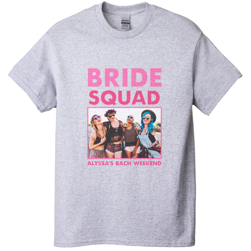 Bachelorette Squad T-shirt, Adult (S), Gray, Customizable front & back, Pink