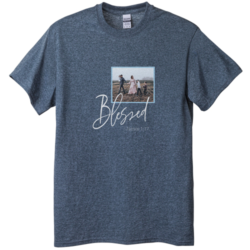 Blessed Script T-shirt, Adult (M), Gray, Customizable front & back, Blue
