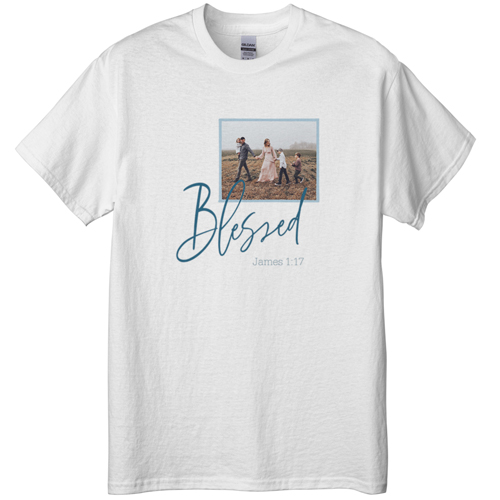 Blessed Script T-shirt, Adult (L), White, Customizable front, Blue