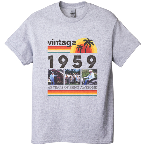 Vintage Birthday T-shirt, Adult (L), Gray, Customizable front & back, Brown, wood