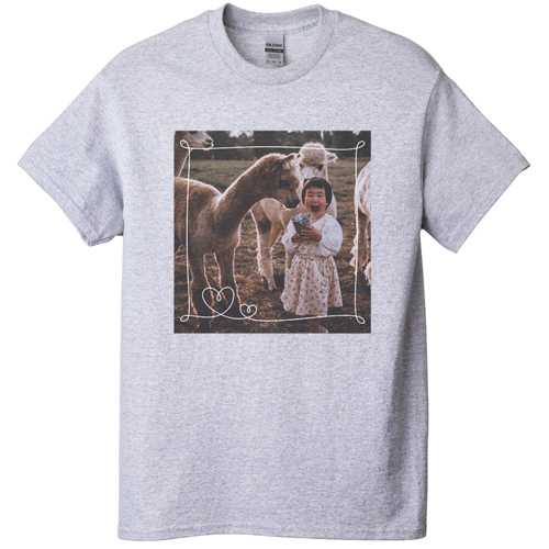 Doodle Heart Border T-shirt, Adult (XXL), Gray, Customizable front, White, white