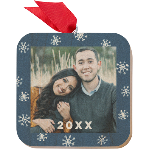 Snowflakes Border Wooden Ornament, Blue, Square