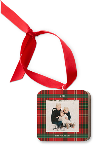 Merry Christmas Plaid Wooden Ornament, Red, Square Ornament