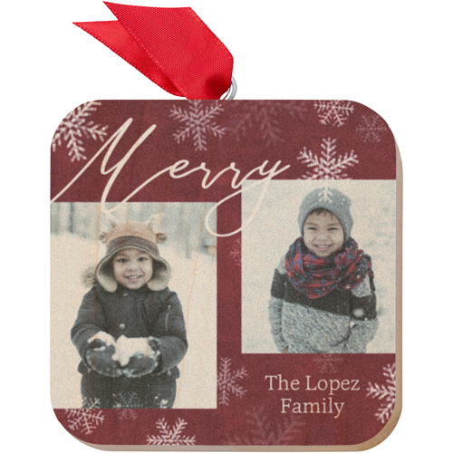 Merry Snowflake Wooden Ornament, Red, Square, cherry