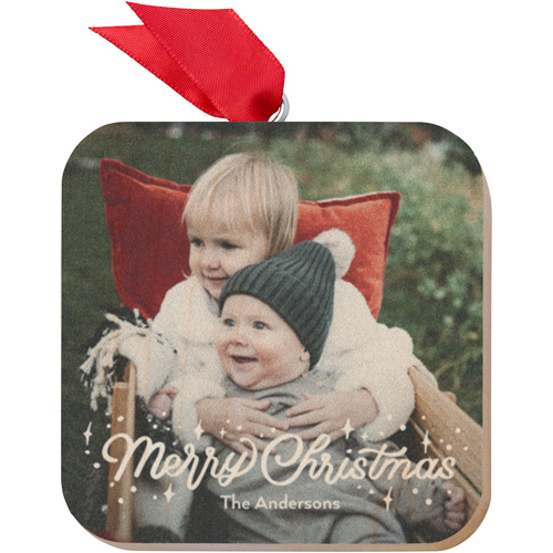 Merry Christmas Sparkle Wooden Ornament, White, Square