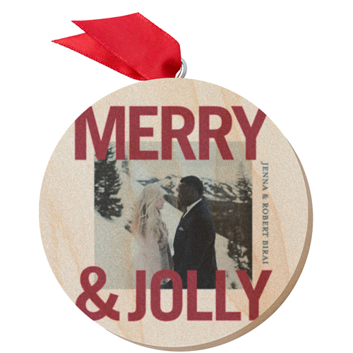Merry and Jolly Wooden Ornament, Red, Circle, fire engine