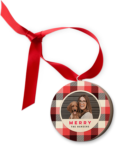 Merry Plaid Wooden Ornament, Beige, Circle