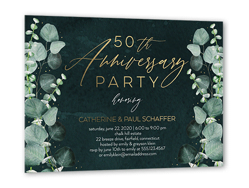 Eucalyptus Shadow Wedding Anniversary Invitation, Gold Foil, Green, 5x7, Matte, Personalized Foil Cardstock, Square, White