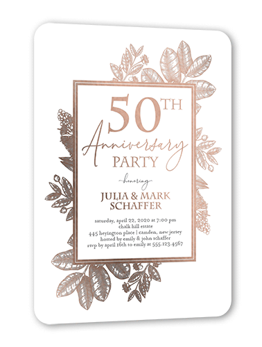 Formal Foliage Wedding Anniversary Invitation, Rose Gold Foil, Beige, 5x7, Matte, Personalized Foil Cardstock, Rounded