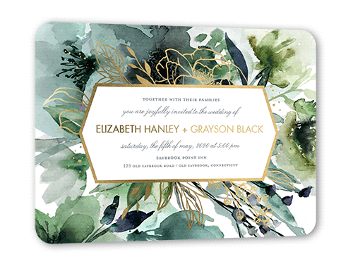 Abstract Bouquet Wedding Invitation, Gold Foil, Blue, 5x7, Matte, Personalized Foil Cardstock, Rounded
