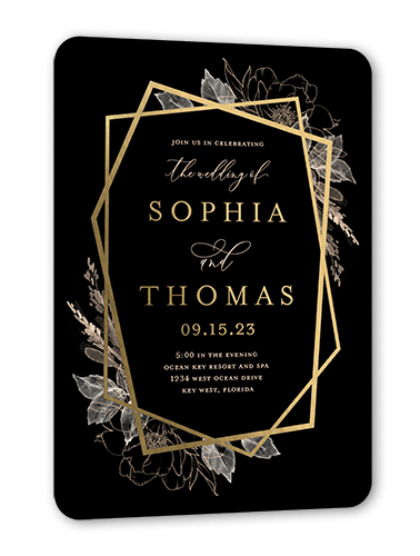 Etched Floral Wedding Invitation, Gold Foil, Black, 5x7, Matte, Personalized Foil Cardstock, Rounded