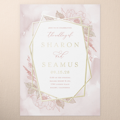 Etched Floral Wedding Invitation, Pink, Gold Foil, 5x7, Matte, Personalized Foil Cardstock, Square