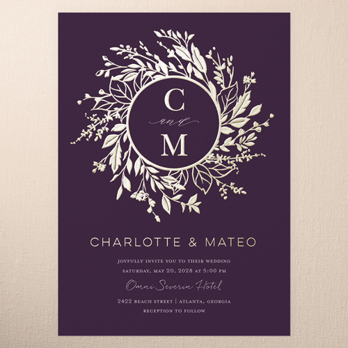 Garland Initials Wedding Invitation, Purple, Gold Foil, 5x7, Matte, Personalized Foil Cardstock, Square