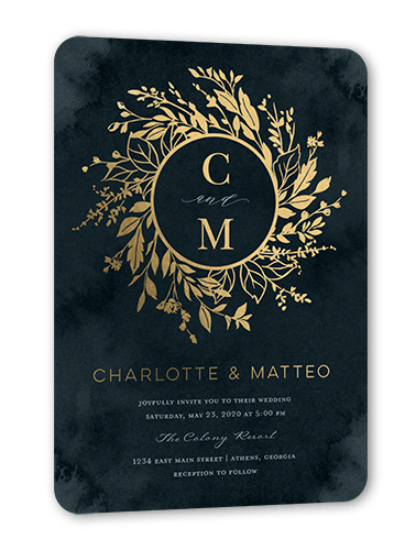 Garland Initials Wedding Invitation, Gold Foil, Black, 5x7, Matte, Personalized Foil Cardstock, Rounded