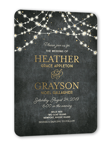 Glowing Celebration Wedding Invitation, Grey, Gold Foil, 5x7, Matte, Personalized Foil Cardstock, Rounded