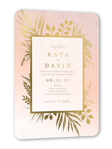 Tropic Fauna Wedding Invitation, Gold Foil, Pink, 5x7, Matte, Personalized Foil Cardstock, Rounded, Blush