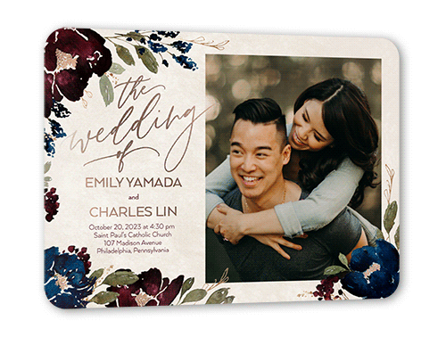 Gilded Flowers Wedding Invitation, Purple, Rose Gold Foil, 5x7, Matte, Personalized Foil Cardstock, Rounded