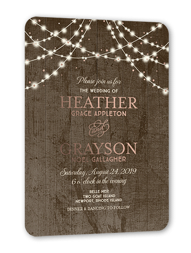 Glowing Celebration Wedding Invitation, Rose Gold Foil, Brown, 5x7, Matte, Personalized Foil Cardstock, Rounded, Volcano