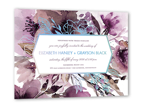 Abstract Bouquet Wedding Invitation, Purple, Iridescent Foil, 5x7, Matte, Personalized Foil Cardstock, Square