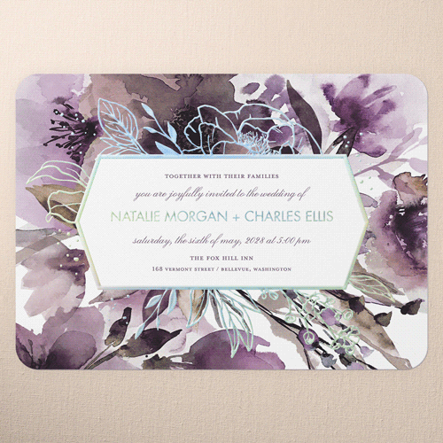 Abstract Bouquet Wedding Invitation, Iridescent Foil, Purple, 5x7, Matte, Personalized Foil Cardstock, Rounded