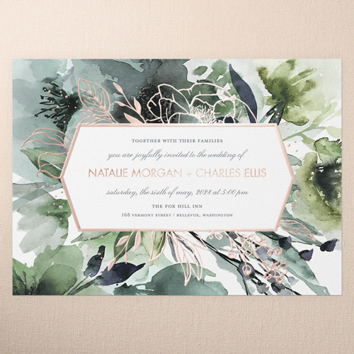 Abstract Bouquet Wedding Invitation, Blue, Rose Gold Foil, 5x7, Matte, Personalized Foil Cardstock, Square