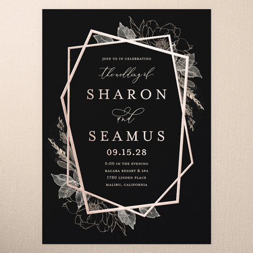 Etched Floral Wedding Invitation, Black, Rose Gold Foil, 5x7, Matte, Personalized Foil Cardstock, Square