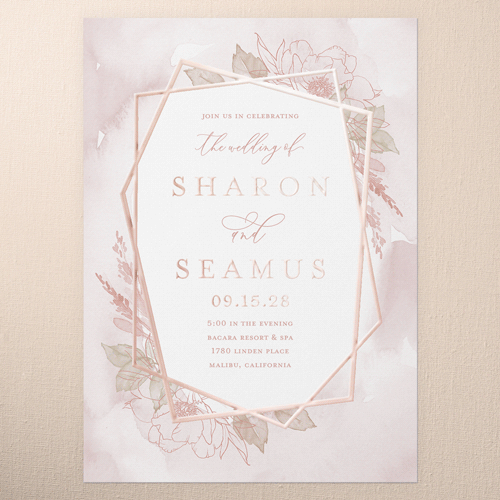 Etched Floral Wedding Invitation, Rose Gold Foil, Pink, 5x7, Matte, Personalized Foil Cardstock, Square