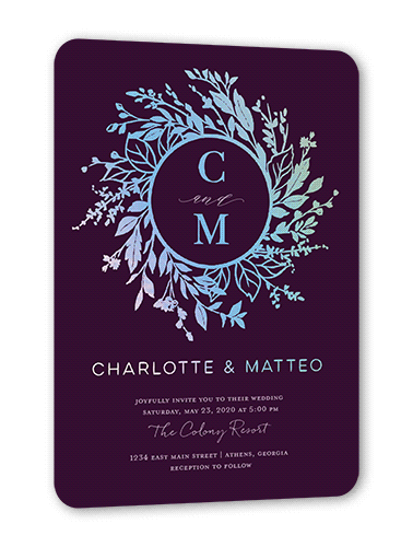 Garland Initials Wedding Invitation, Purple, Iridescent Foil, 5x7, Matte, Personalized Foil Cardstock, Rounded