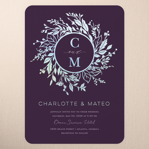 Garland Initials Wedding Invitation, Iridescent Foil, Purple, 5x7, Matte, Personalized Foil Cardstock, Rounded