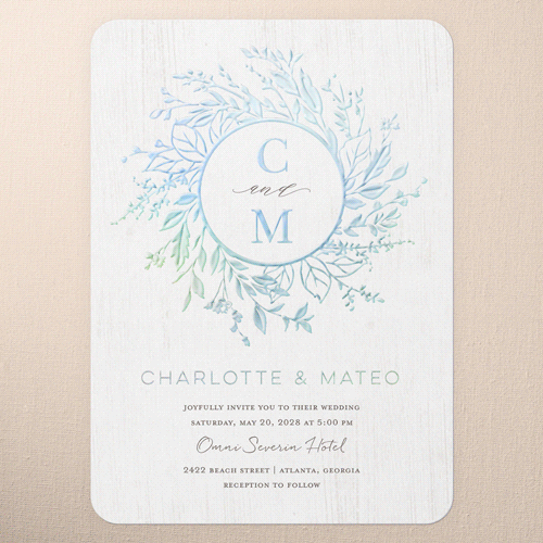 Garland Initials Wedding Invitation, Iridescent Foil, White, 5x7, Matte, Personalized Foil Cardstock, Rounded
