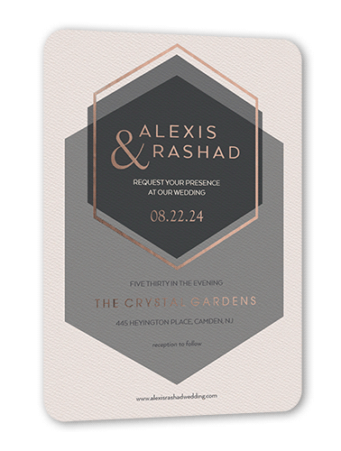 Modern Honeycomb Wedding Invitation, Grey, Rose Gold Foil, 5x7, Matte, Personalized Foil Cardstock, Rounded, Smoke